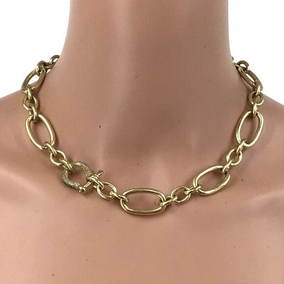 Express Necklace Oval Chain Link Crystal Encrusted Horseshoe Detail Gold Tone Ad - Picture 1 of 3